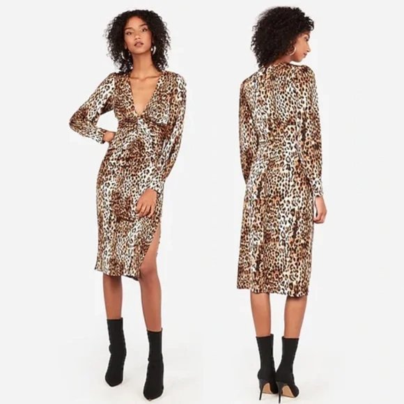 Express Dresses & Skirts - Express Leopard Print Ruche V-Neck Midi Dress Size M EUC